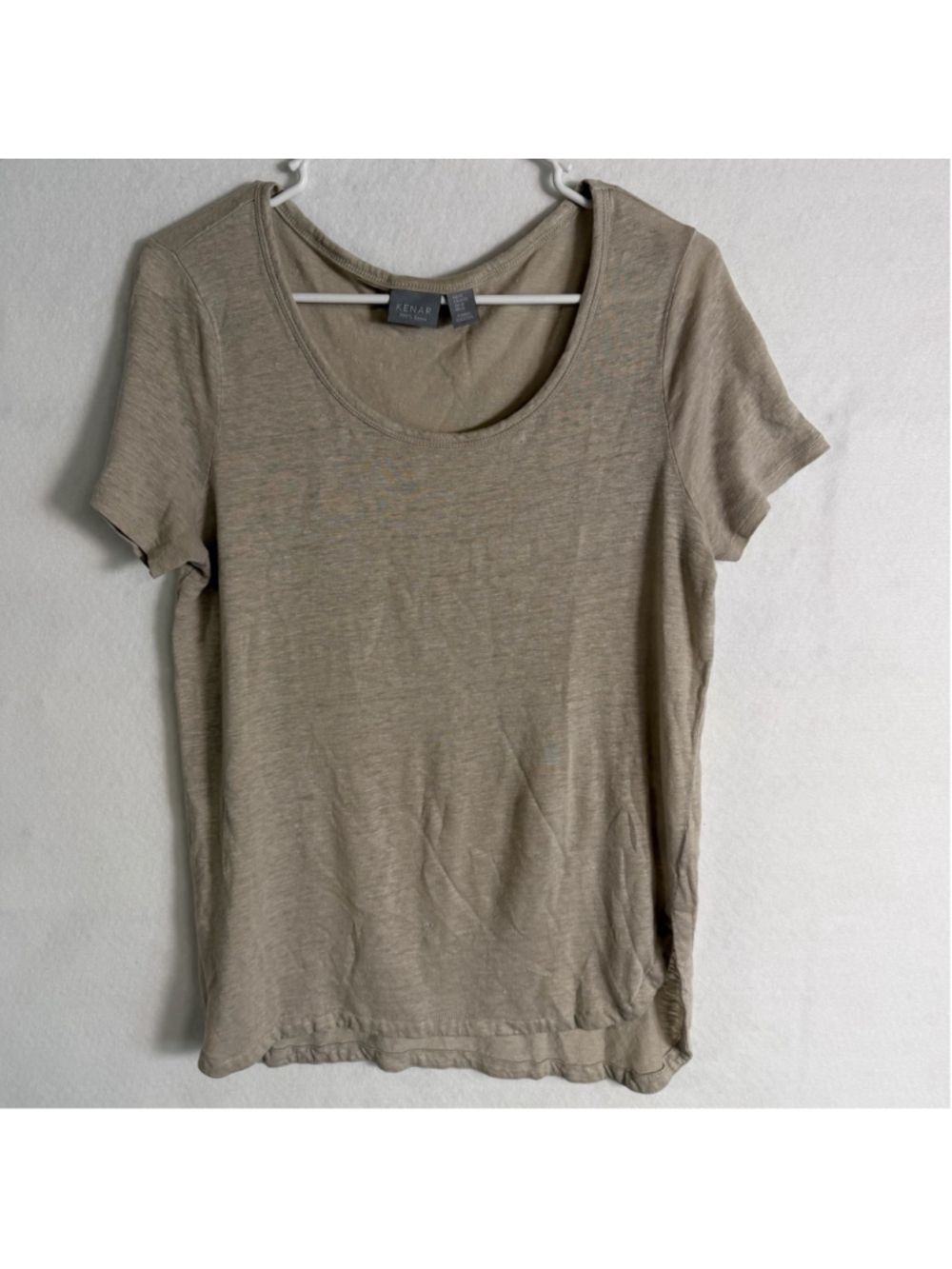 KENAR 100% Linen Shirt Womens M Beige Short Sleeve Top Minimalist Casual Neutral